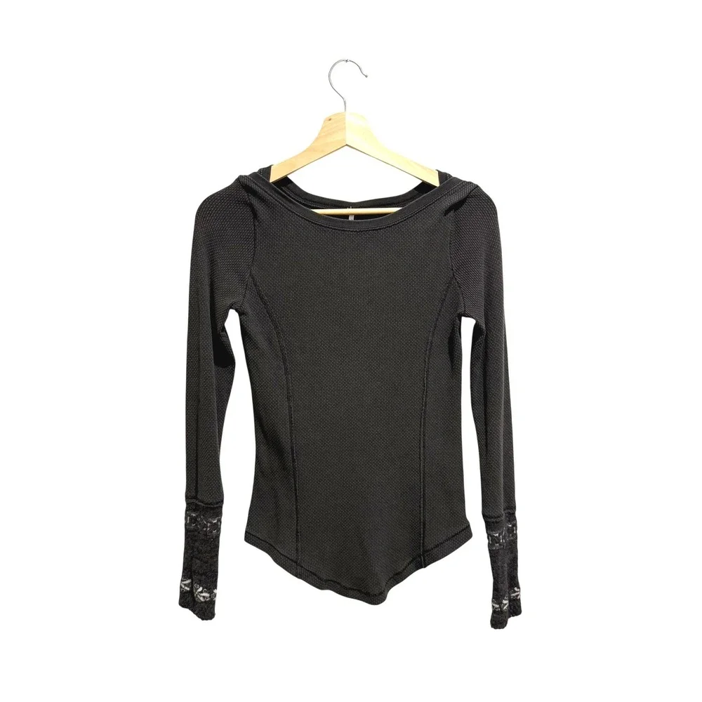 Free People Black Waffle Knit Thermal Top Size‎ Small